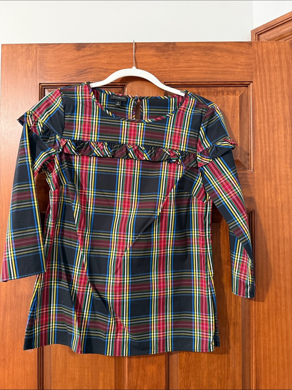 Talbots Multicolor Plaid Ruffle-Trim Blouse